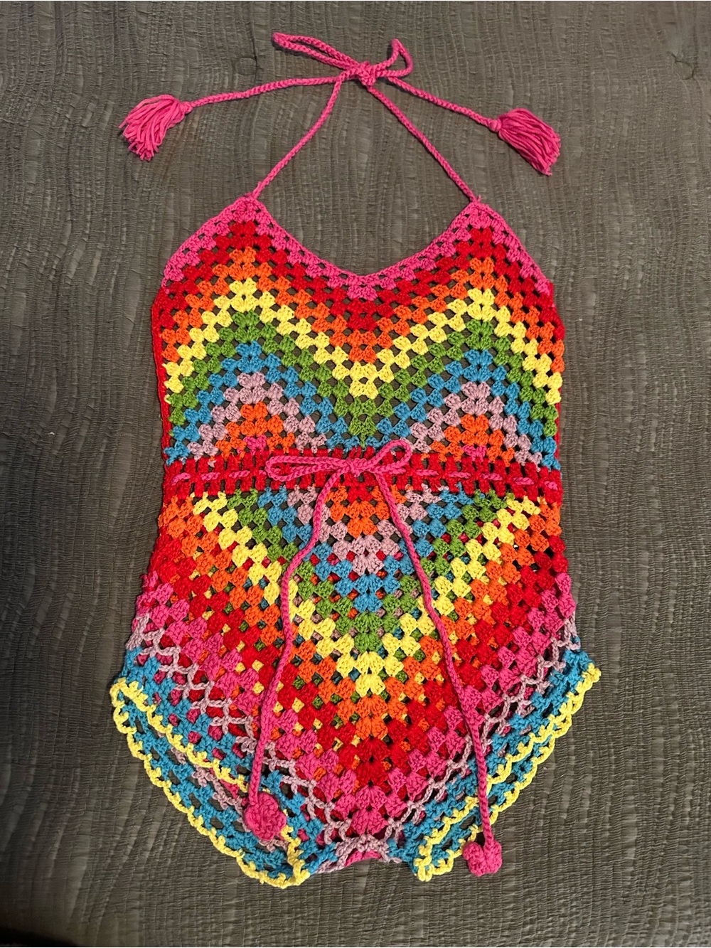 SHEIN Rainbow Crochet Halter Romper with multicolor stripes